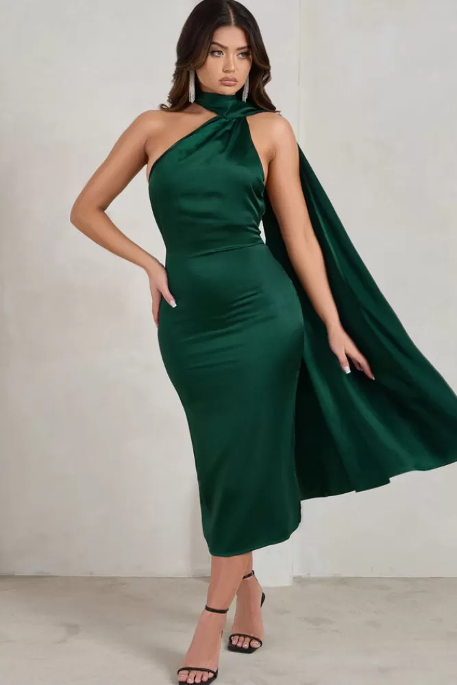 Club L London Madame | Bottle Green Satin Asymmetric Scarf Neck Backless Midi Dress BOTTLEGREEN Best Sale