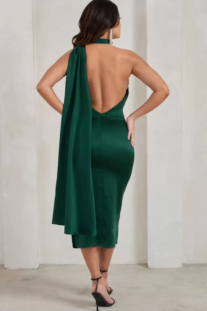 Club L London Madame | Bottle Green Satin Asymmetric Scarf Neck Backless Midi Dress BOTTLEGREEN Best Sale