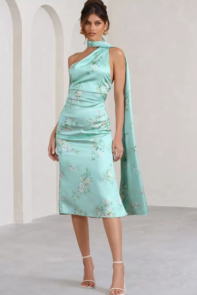 Club L London Madame | Mint Green Floral Print Satin Asymmetric Scarf Neck Backless Midi Dress MULTI Shop