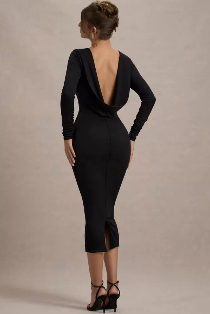 Club L London Madden | Rib Knit Cowl-Back Midi Dress BLACK Clearance