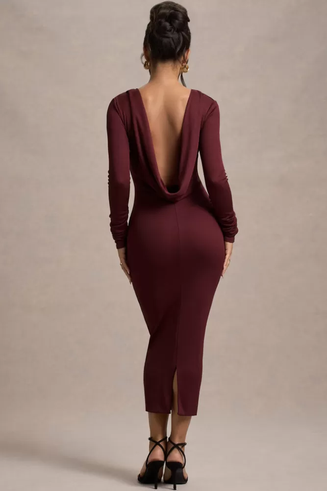 Club L London Madden | Plum Rib Knit Cowl-Back Midi Dress darkcherry Best Sale