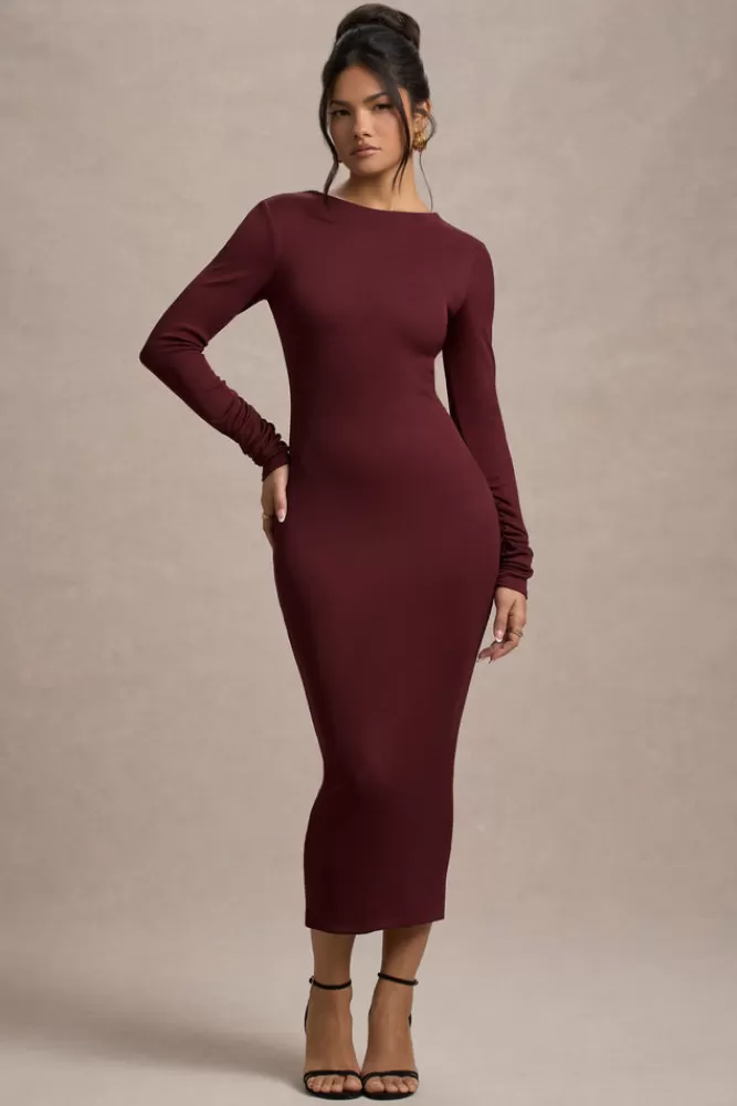 Club L London Madden | Plum Rib Knit Cowl-Back Midi Dress darkcherry Best Sale