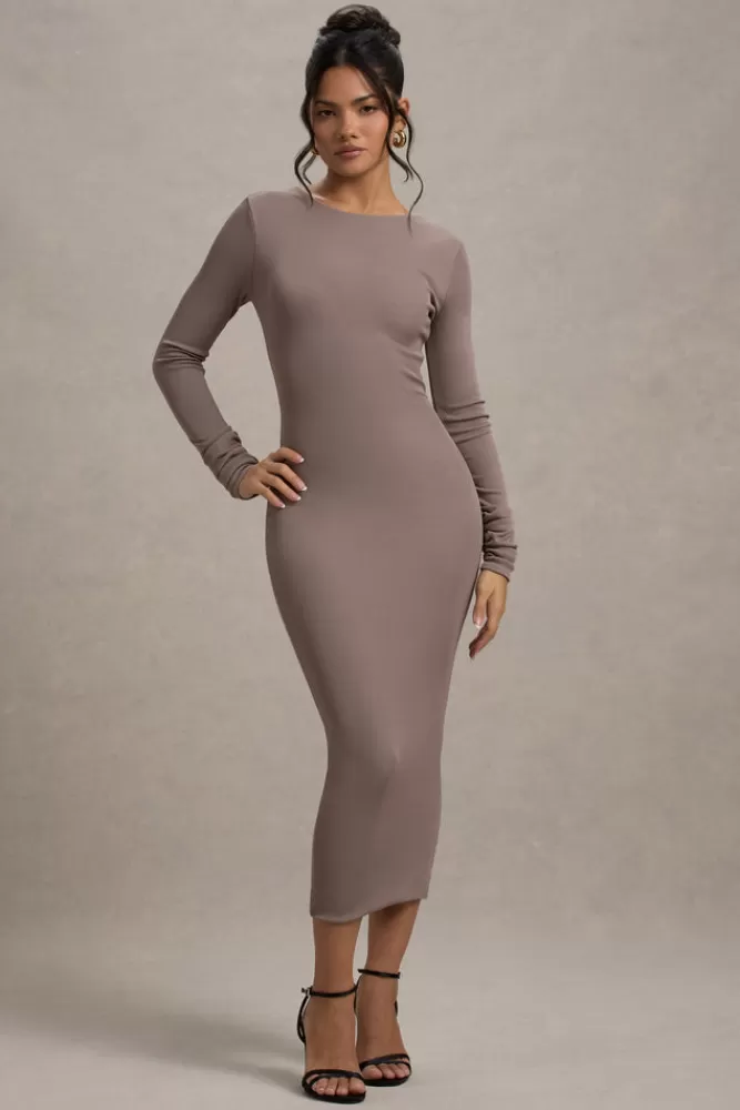 Club L London Madden | Rib Knit Cowl-Back Midi Dress TAUPE Store