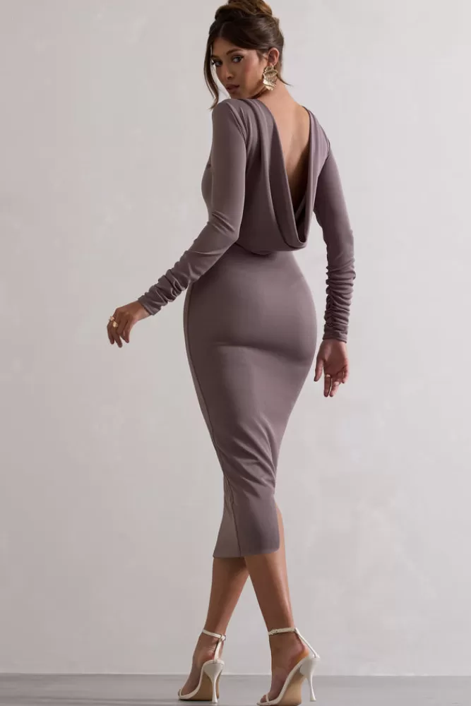 Club L London Madden | Rib Knit Cowl-Back Midi Dress TAUPE Store