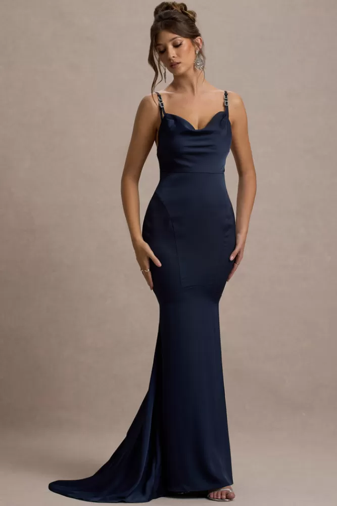 Club L London Made With Love | Satin Strappy Fishtail Maxi Dress NAVY Discount