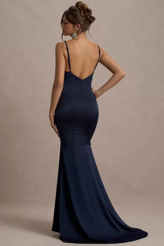 Club L London Made With Love | Satin Strappy Fishtail Maxi Dress NAVY Discount