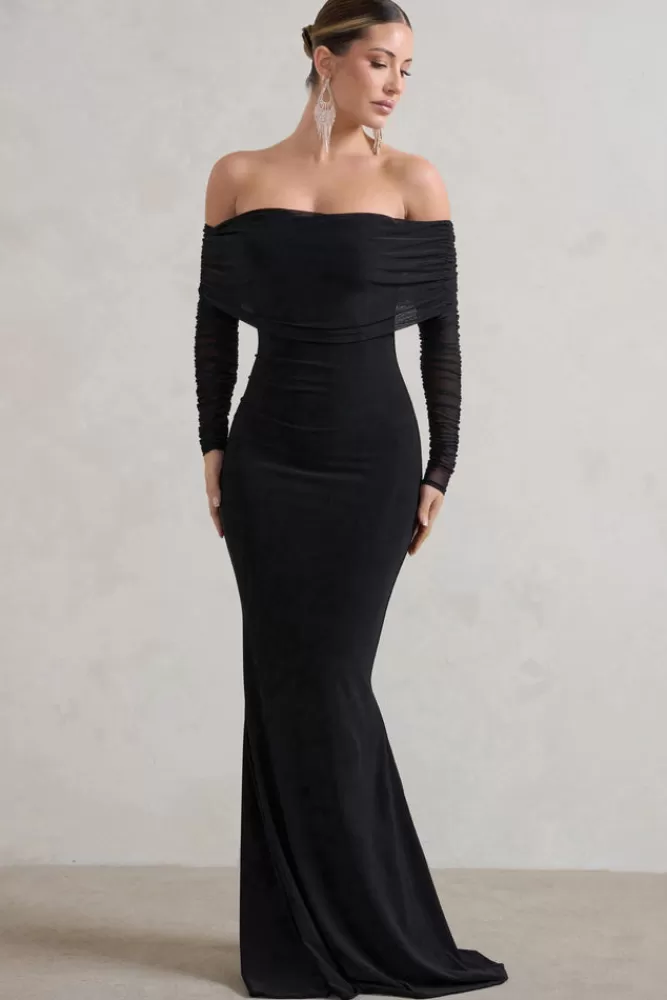 Club L London Madeleine | Fishtail Maxi Dress With Bardot Mesh Long Sleeves BLACK Best Sale