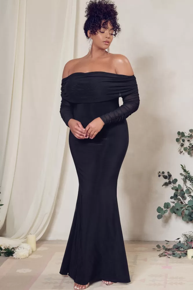 Club L London Madeleine | Fishtail Maxi Dress With Bardot Mesh Long Sleeves BLACK Best Sale