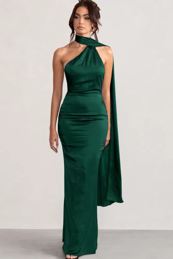 Club L London Mademoiselle | Bottle Green Satin Asymmetric Scarf Neck Backless Maxi Dress BOTTLEGREEN Best