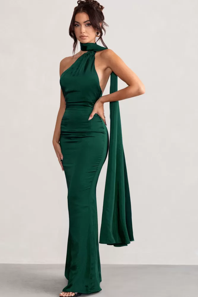 Club L London Mademoiselle | Bottle Green Satin Asymmetric Scarf Neck Backless Maxi Dress BOTTLEGREEN Best