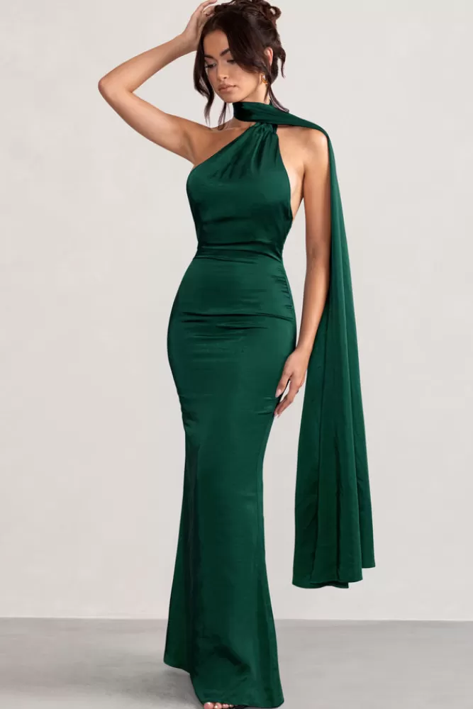 Club L London Mademoiselle | Bottle Green Satin Asymmetric Scarf Neck Backless Maxi Dress BOTTLEGREEN Best