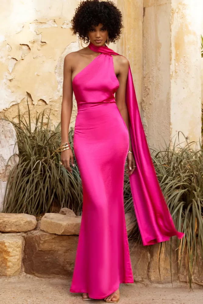 Club L London Mademoiselle | Hot Pink Asymmetric Scarf Neck Backless Maxi Dress HOTPINK Clearance