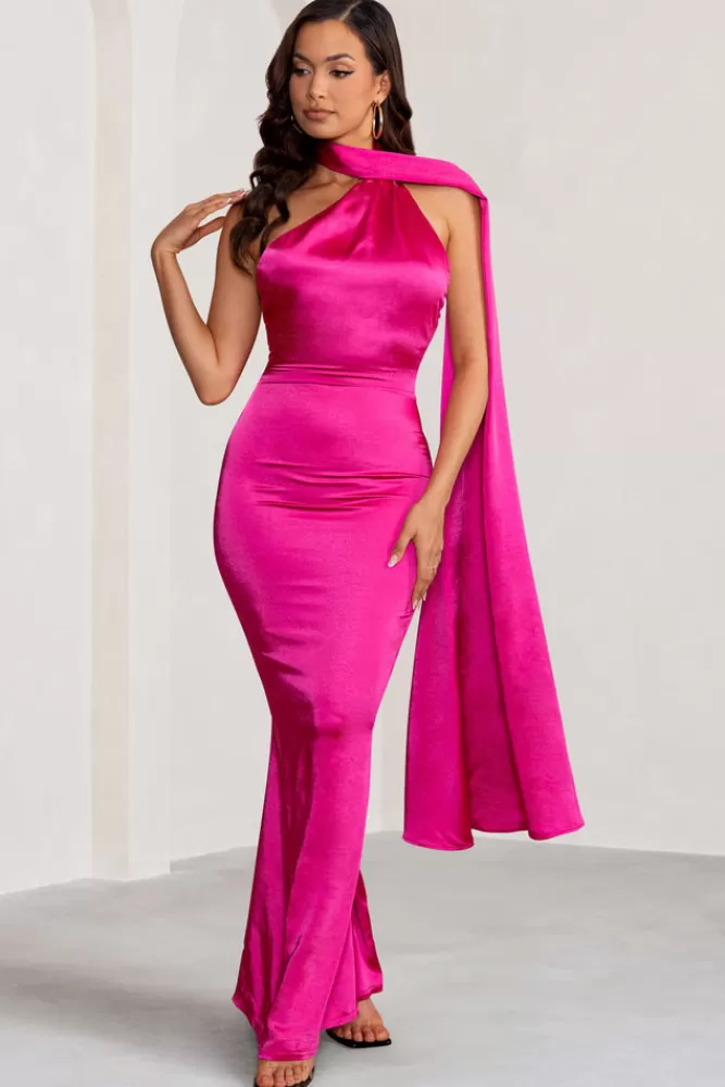 Club L London Mademoiselle | Hot Pink Asymmetric Scarf Neck Backless Maxi Dress HOTPINK Clearance