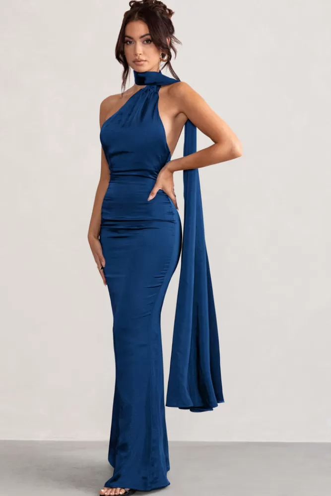 Club L London Mademoiselle | Asymmetric Scarf Neck Backless Maxi Dress NAVY Clearance