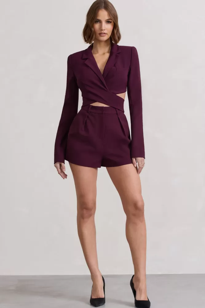 Club L London Madison | Plum Plunge Tie Waist Tailored Playsuit CHOCOLATE Outlet