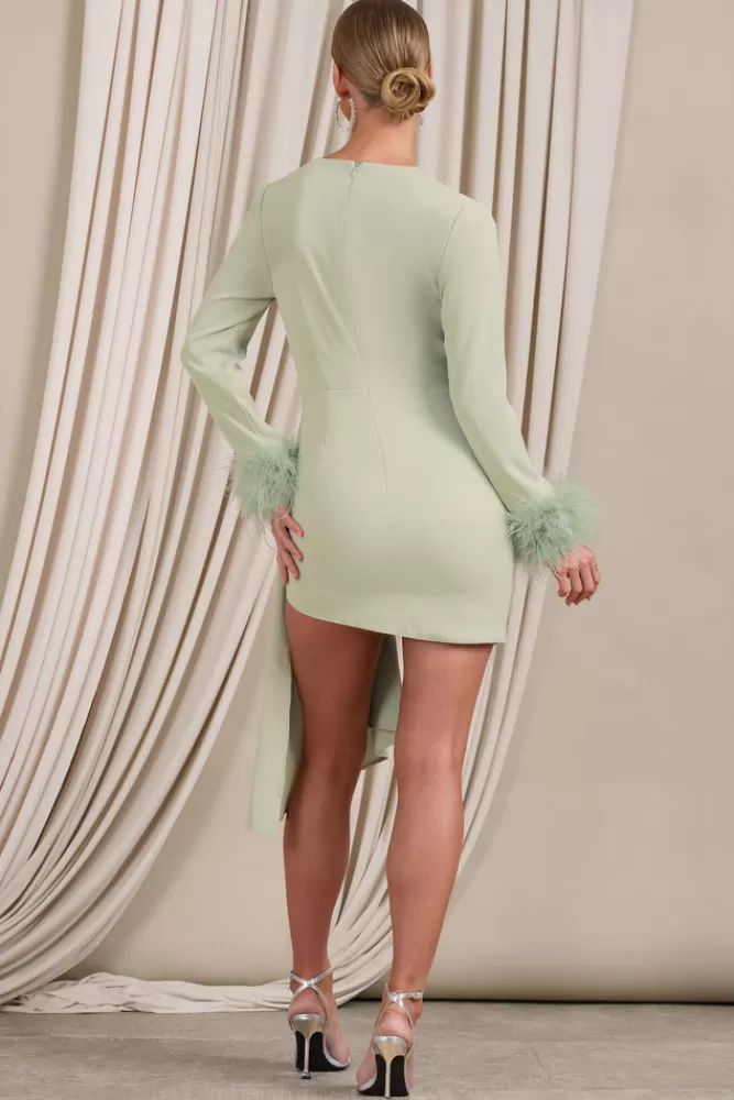 Club L London Mae | Wrap Mini Dress With Drape And Feather Cuffs MINT Outlet