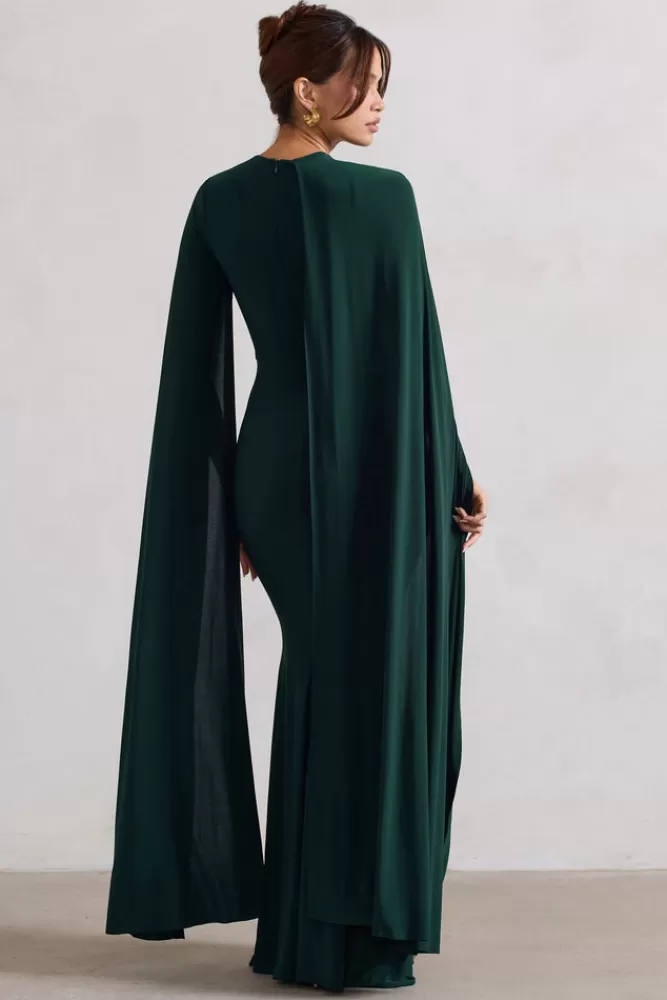 Club L London Magdelena | Bottle Green Asymmetric Cape Maxi Dress BOTTLEGREEN Best Sale