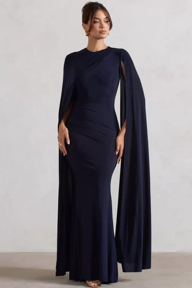 Club L London Magdelena | Asymmetric Cape Maxi Dress NAVY Outlet