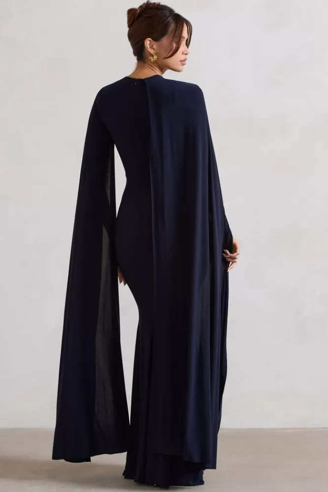 Club L London Magdelena | Asymmetric Cape Maxi Dress NAVY Outlet