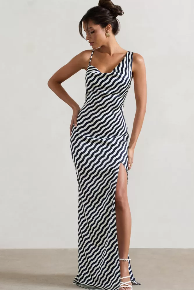 Club L London Magnetic | Navy Wave Print Cowl-Neck Split Maxi Dress WAVYSTRIPE Outlet