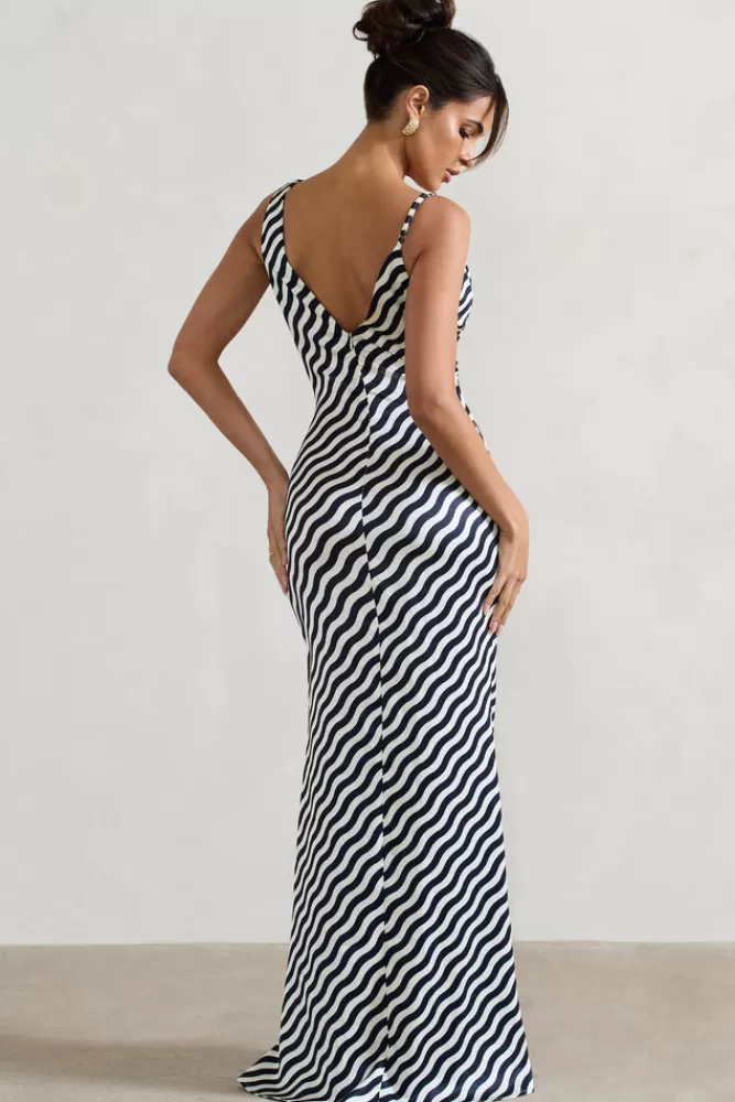 Club L London Magnetic | Navy Wave Print Cowl-Neck Split Maxi Dress WAVYSTRIPE Outlet