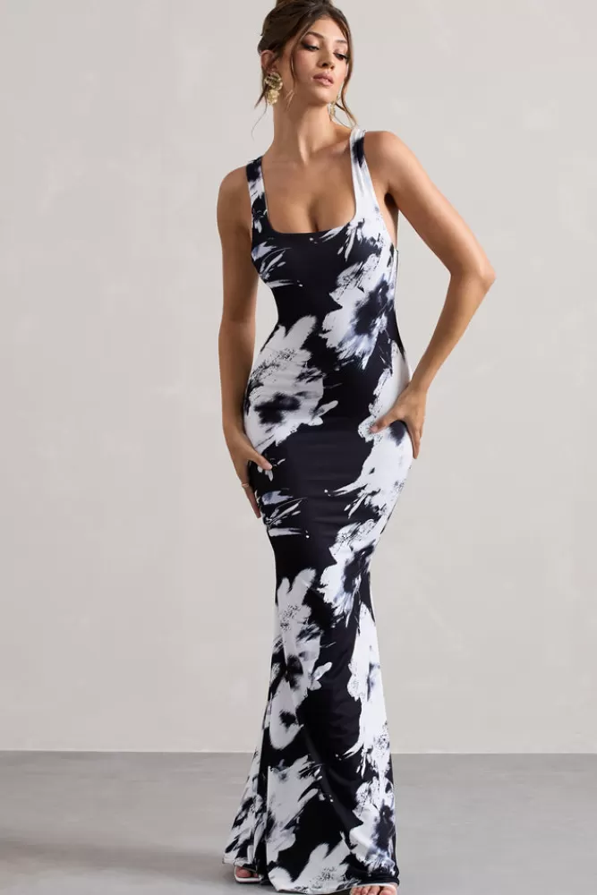 Club L London Mahina | Monochrome Floral Print Square-Neck Maxi Dress MONOFLORAL Best