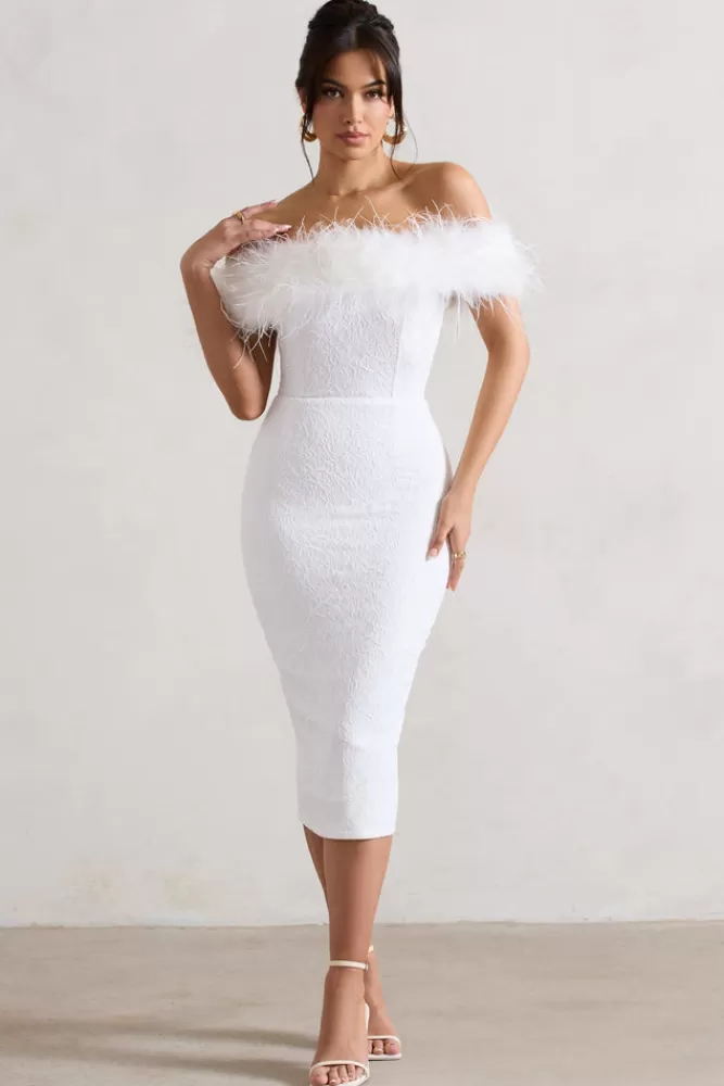 Club L London Maiden | Lace Bardot Midi Dress With Feather Trim WHITE Discount