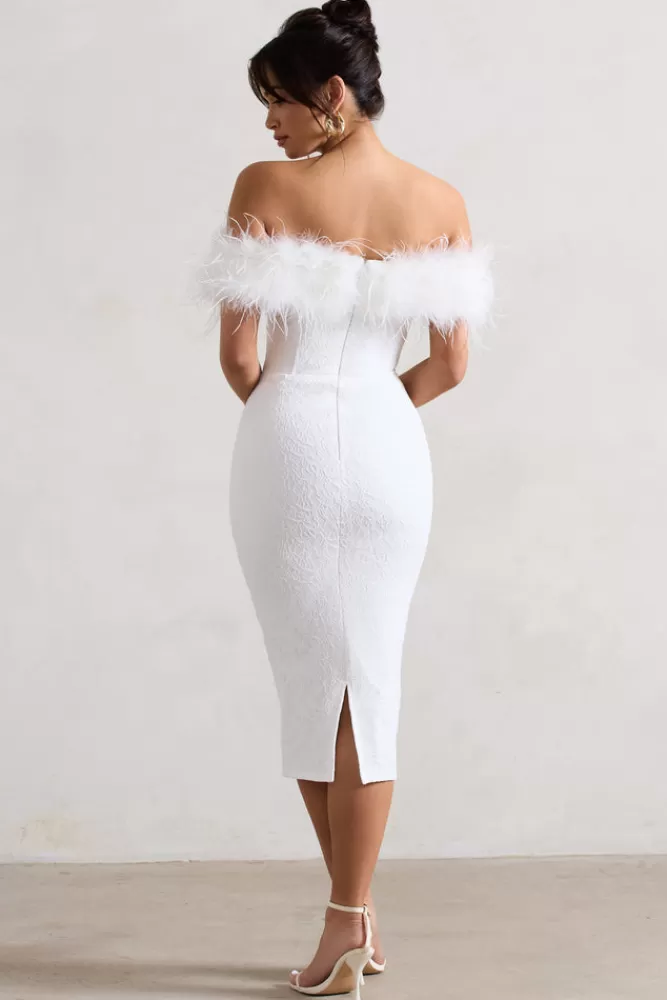 Club L London Maiden | Lace Bardot Midi Dress With Feather Trim WHITE Discount