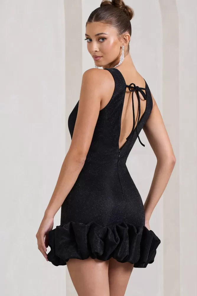 Club L London Main Present | Black Glittered V-Neck Mini Dress With Ruffle Trim BLACKGLITTER Hot