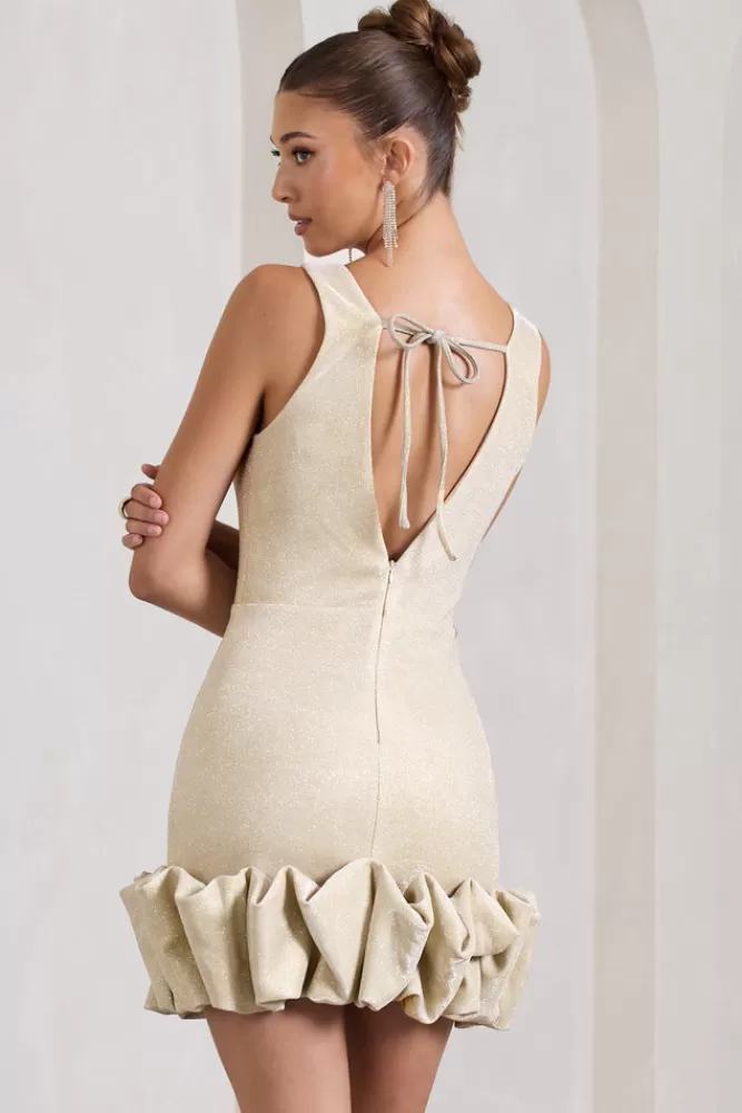 Club L London Main Present | Gold Glittered V-Neck Mini Dress With Ruffle Trim GOLDGLITTER Fashion