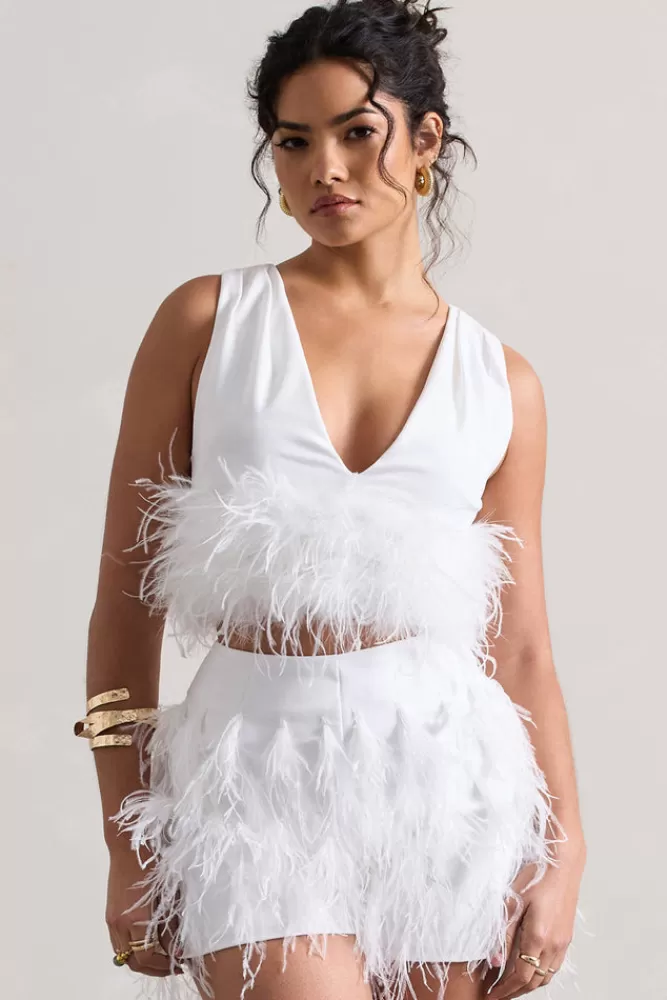 Club L London Main Stage | Plunge-Neck Crop Top With Feather Trim WHITE Fashion