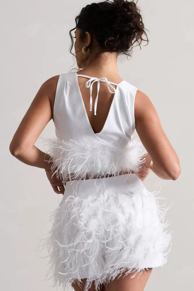 Club L London Main Stage | Plunge-Neck Crop Top With Feather Trim WHITE Fashion