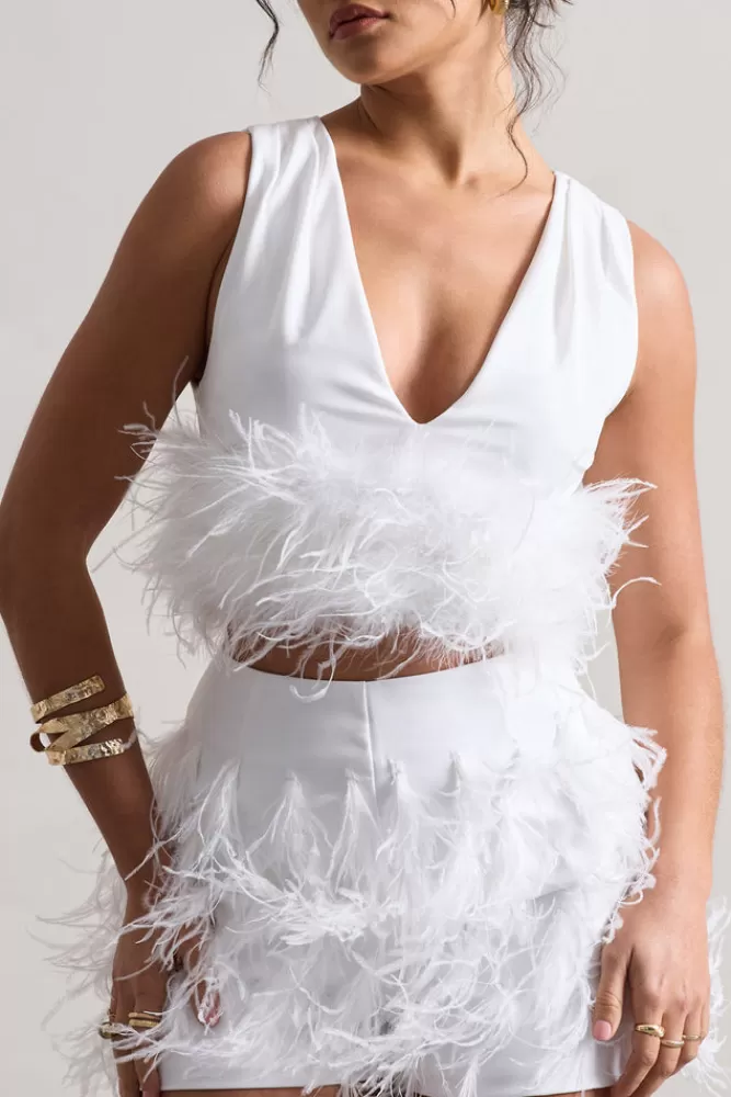 Club L London Main Stage | Plunge-Neck Crop Top With Feather Trim WHITE Fashion