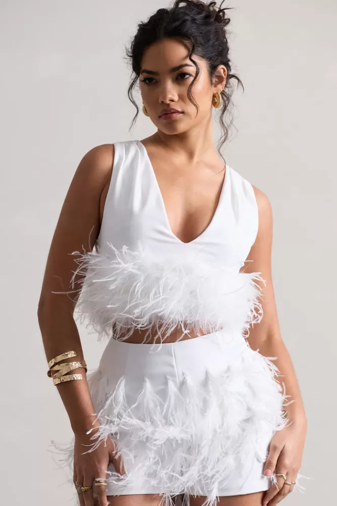 Club L London Main Stage | Plunge-Neck Crop Top With Feather Trim WHITE Fashion