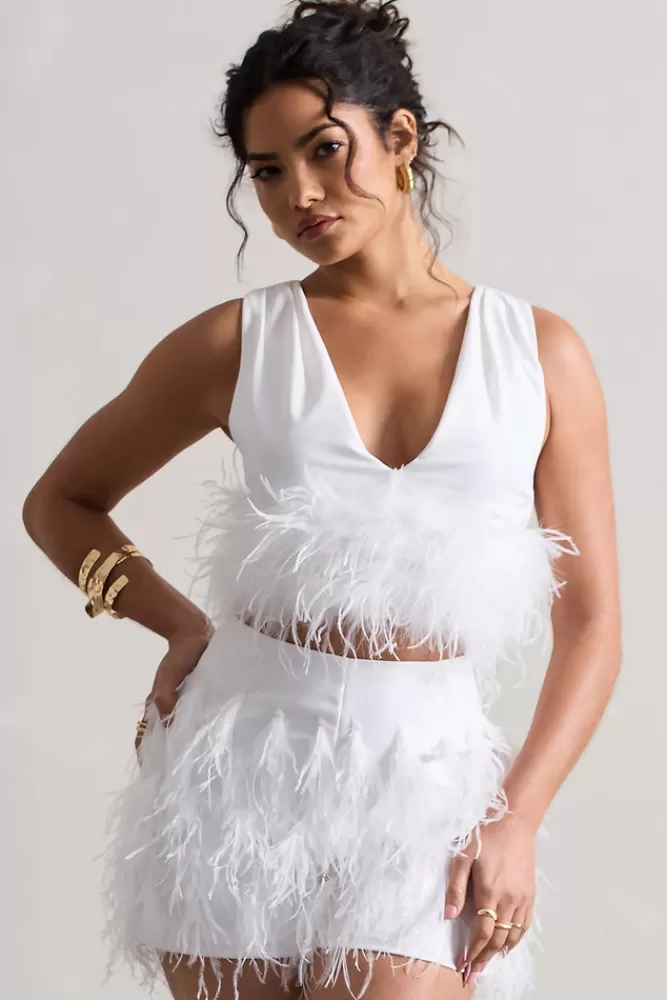 Club L London Main Stage | Plunge-Neck Crop Top With Feather Trim WHITE Fashion
