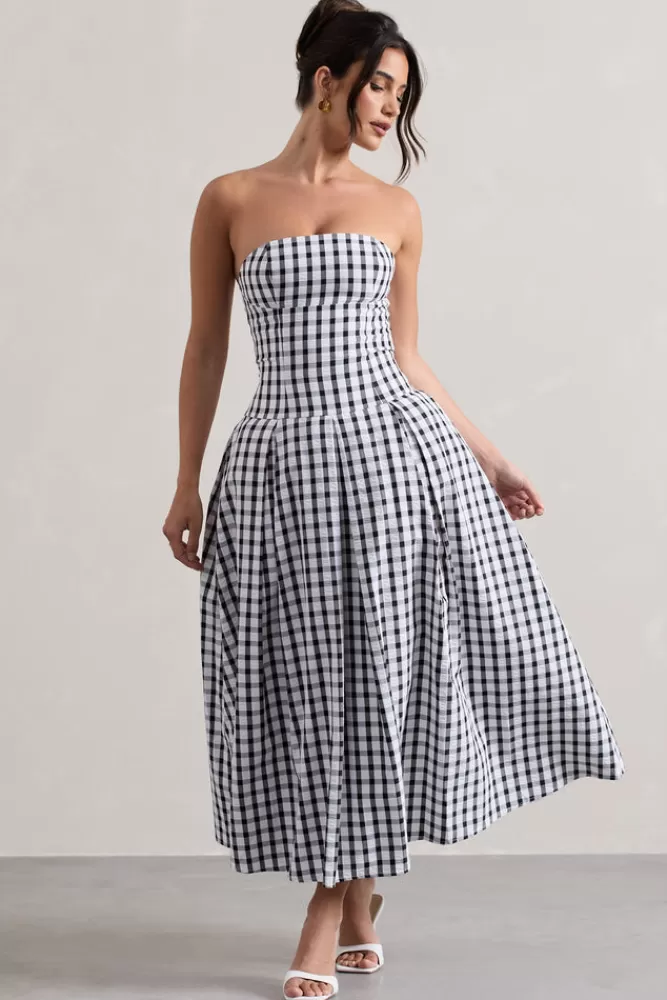 Club L London Maisy | Black u0026 White Gingham Strapless Maxi Dress MONOGINGHAM Flash Sale