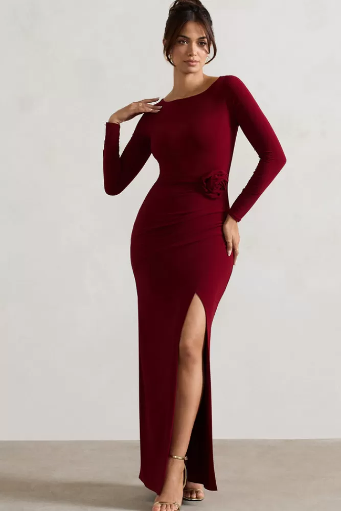 Club L London Makayla | Long-Sleeve Wrap Maxi Dress With Corsages BERRY Hot