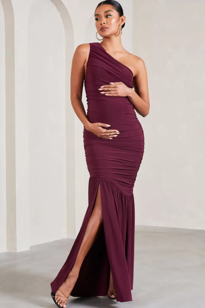 Club L London Make My Day | One-Shoulder Ruched Split Maternity Maxi Dress BURGUNDY Flash Sale