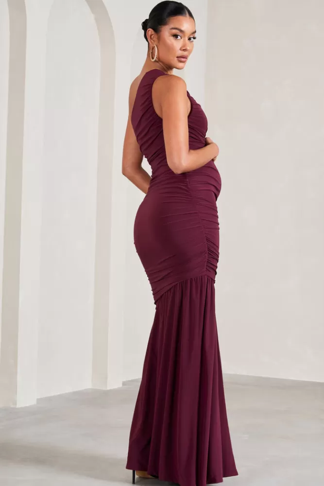 Club L London Make My Day | One-Shoulder Ruched Split Maternity Maxi Dress BURGUNDY Flash Sale