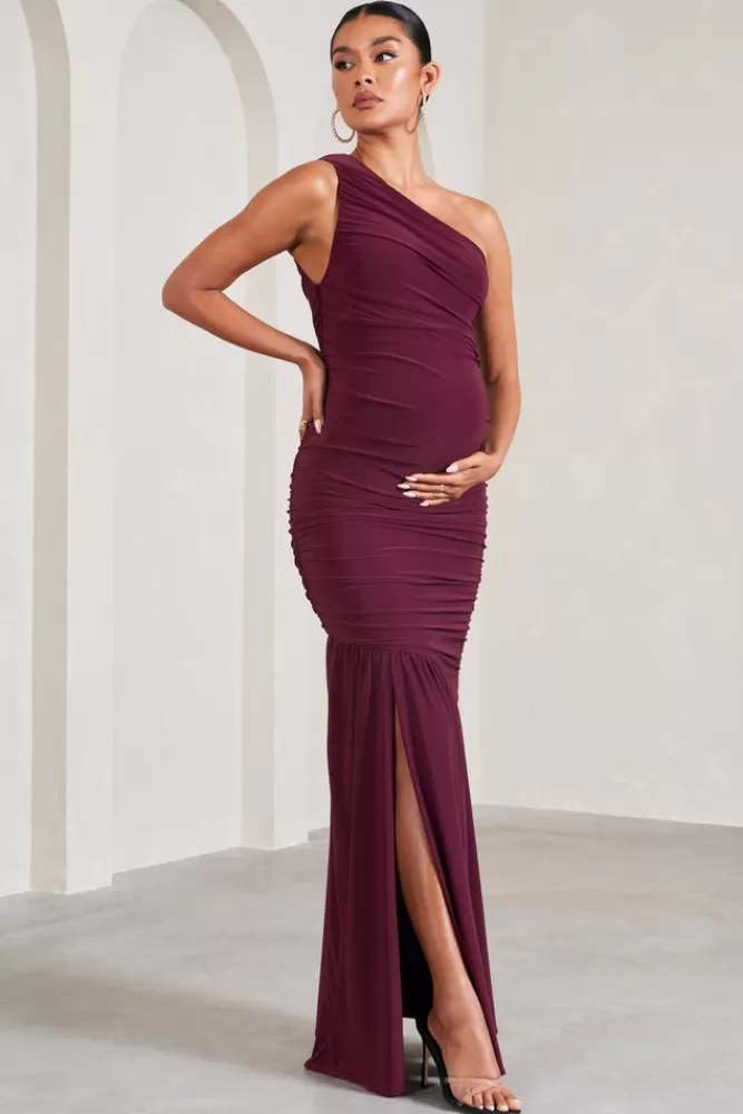 Club L London Make My Day | One-Shoulder Ruched Split Maternity Maxi Dress BURGUNDY Flash Sale