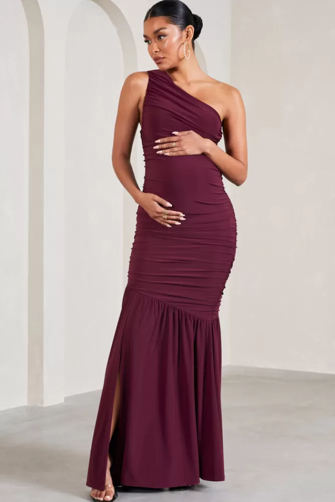 Club L London Make My Day | One-Shoulder Ruched Split Maternity Maxi Dress BURGUNDY Flash Sale