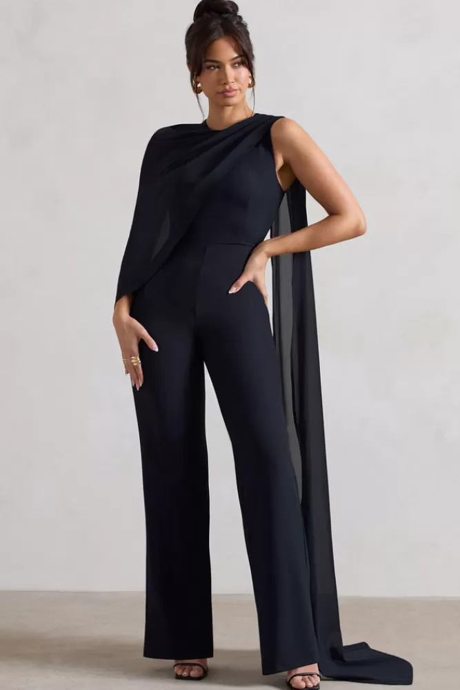 Club L London Malina | Straight-Leg Jumpsuit With Chiffon Cape NAVY Best Sale