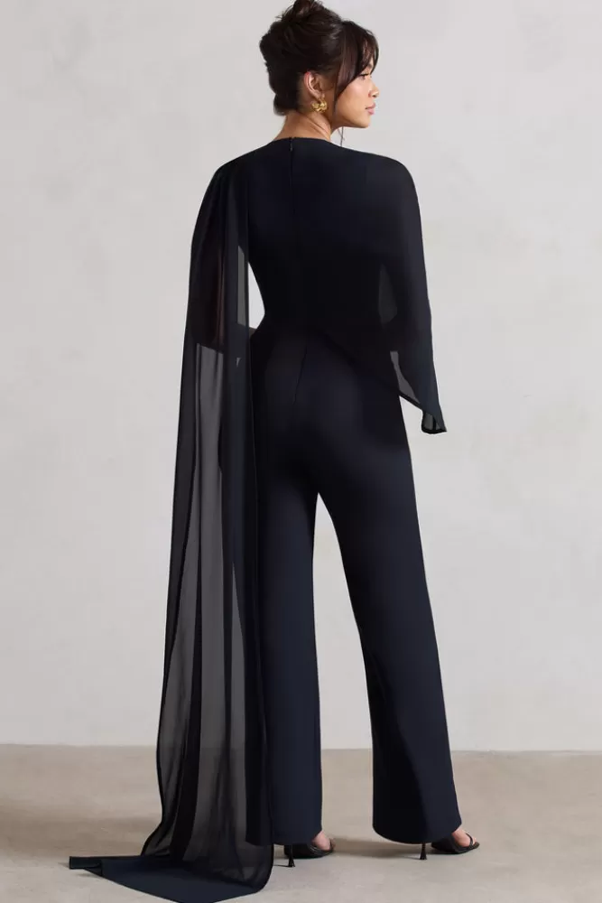 Club L London Malina | Straight-Leg Jumpsuit With Chiffon Cape NAVY Best Sale