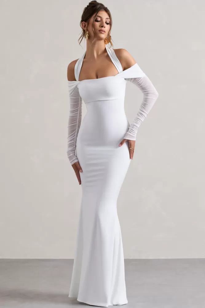 Club L London Malisha | Halter-Neck Long-Sleeve Fishtail Maxi Dress WHITE Sale