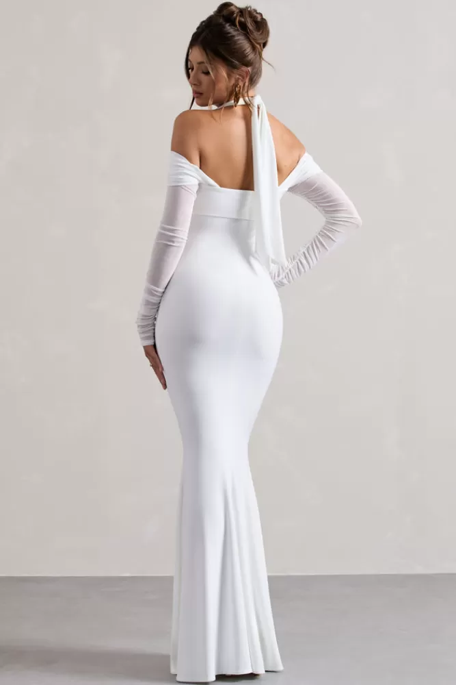 Club L London Malisha | Halter-Neck Long-Sleeve Fishtail Maxi Dress WHITE Sale