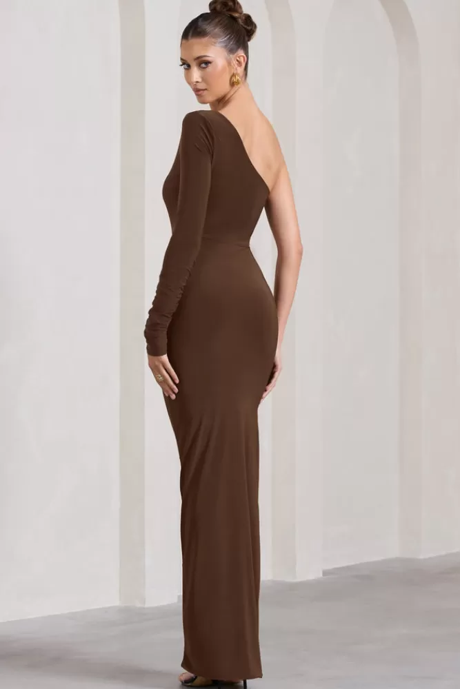 Club L London Mallory | Brown Asymmetric Split Maxi Dress CHOCOLATE Outlet