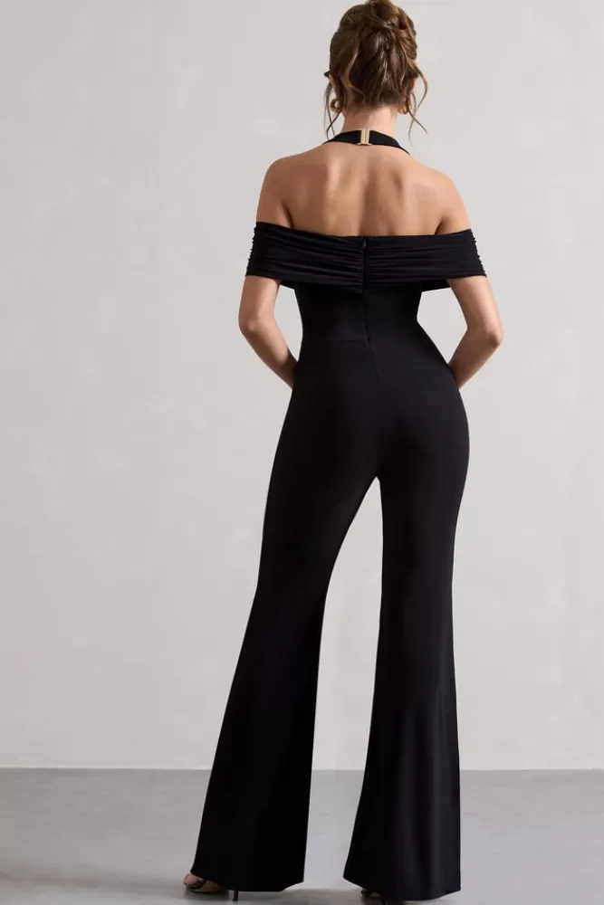Club L London Mara | Bardot Halter-Neck Flared-Leg Jumpsuit BLACK Shop
