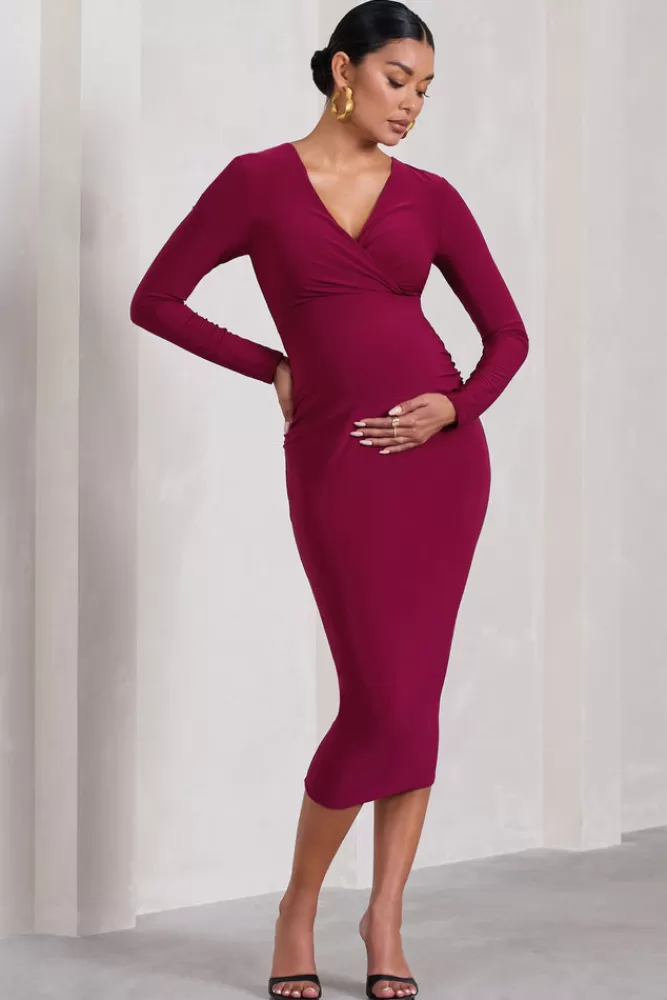 Club L London Marcia | Berry Bodycon Plunge-Neck Maternity Midi Dress DARKCHERRY Sale