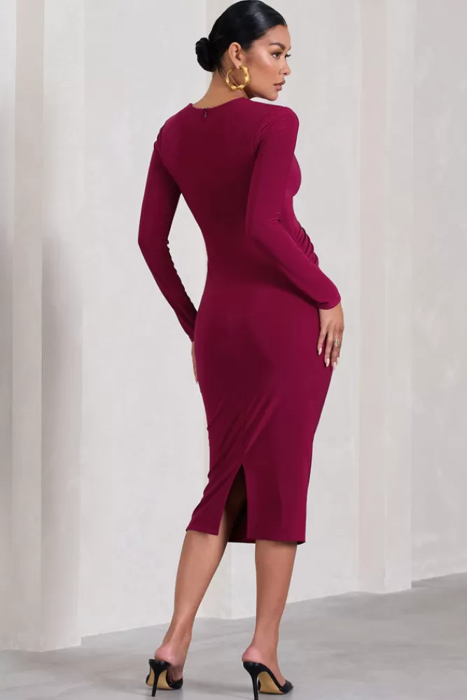 Club L London Marcia | Berry Bodycon Plunge-Neck Maternity Midi Dress DARKCHERRY Sale