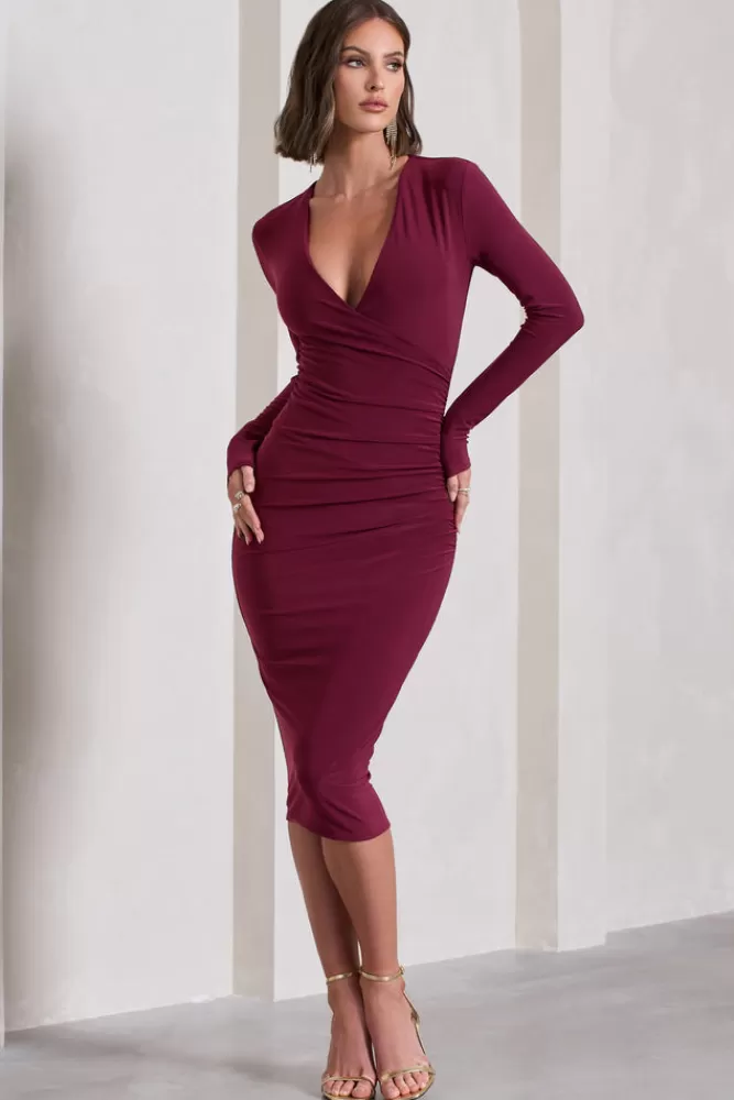 Club L London Marcia | Bodycon Plunge-Neck Midi Dress BURGUNDY Cheap